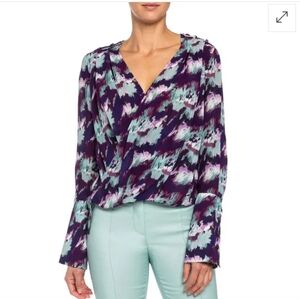 Santorelli Sabil Georgette Faux Wrap Blouse Purple Teal Size 40